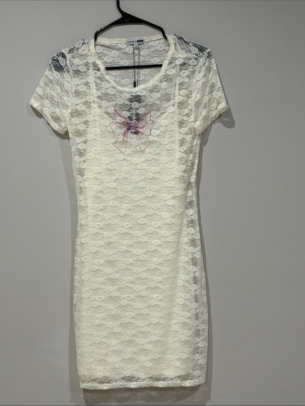 Fashion Nova Ivory Lace Short Sleeve Dress with Pink Embroidered Detail